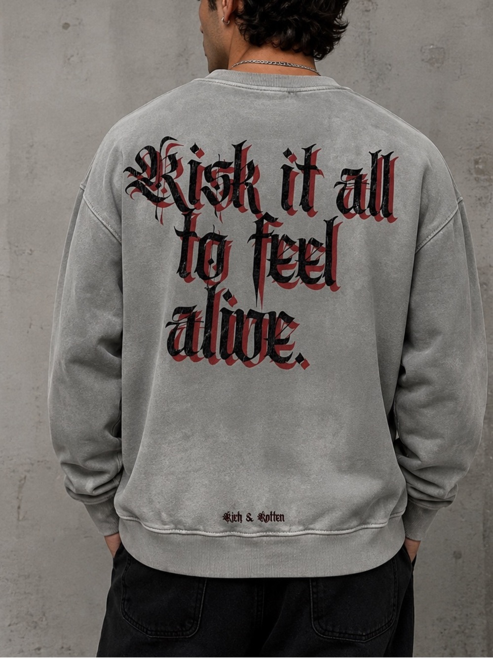 Rich & Rotten “Risk It All” men’s Gray washed Crewneck Sweatshirt size medium